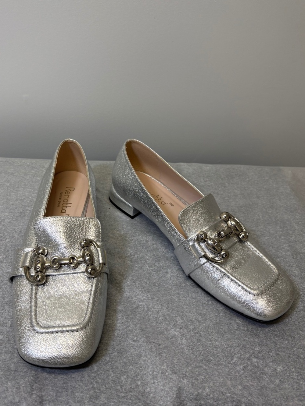 Renatta Spain Silver Metallic Leather Loafers, Square Driving Flat Shoes 39/8.5